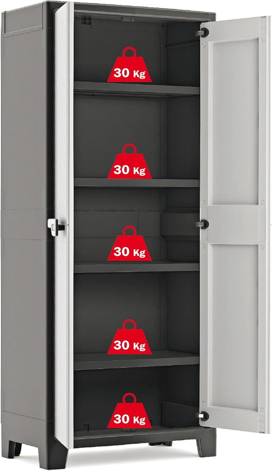  Keter Armoire Haute Titan - Armoire De Rangement En Résine - Étagères Modulables, Pieds Réglables, Charnières Métalliques - Cuisine, Garage, Atelier, Placard - 80 X 44 X 182cm - Noir/Gris