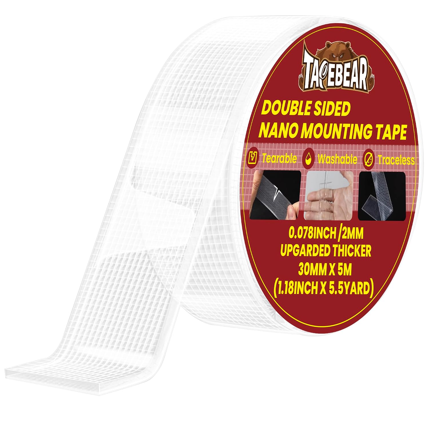  TAPEBEAR Ruban Adhésif Nano Double Face 30mm X 5m, Extra Fort, Réutilisable Et Sans Trace Pour Photos, Posters, Tapis (2mm D'épaisseur)