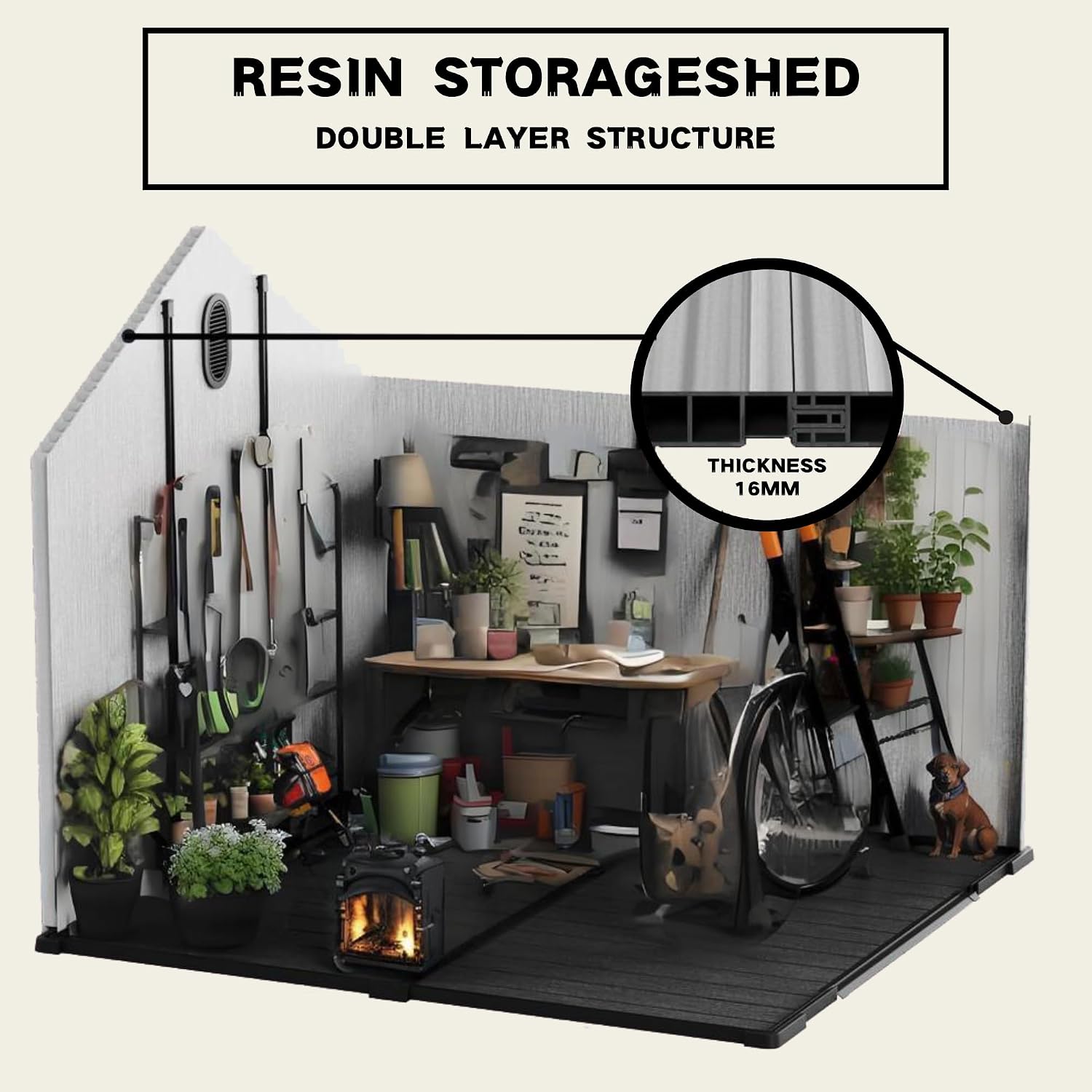  Abri De Jardin Résine 187x240 Cm – Cabanon Rangement Extérieur, Toit-Pointu, Double-paroi, Porte 180° – Pour Outils, Vélos, Tondeuse – Gris/Blanc
