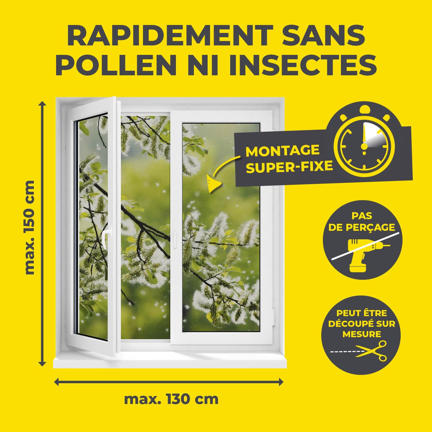  EASYmaxx Moustiquaire De Fenêtre Avec Protection Contre Le Pollen & Magic Click | Peut être Découpée Pour Des Fenêtres Jusqu'à 150x130cm | Montage Facile Avec 12 Aimants - Pas De Perçage [2 Pièces]