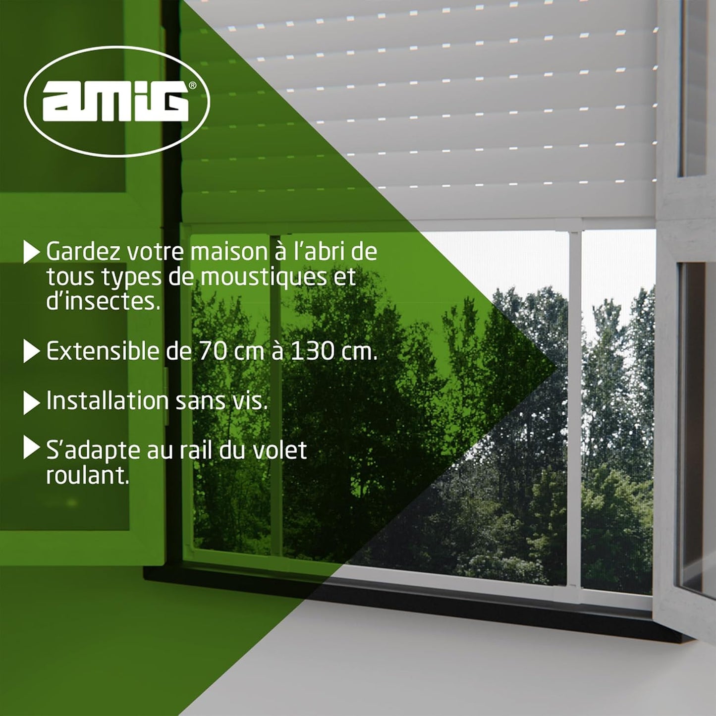  Amig - Moustiquaire Extensible Pour Fenêtres | Installation Sans Outils | S’adapte Dans L’emplacement Du Volet | 100 X 70 Cm | Ajustable Jusqu’à 190 Cm | Aluminium Blanc Et Maille En Fibre De Verre