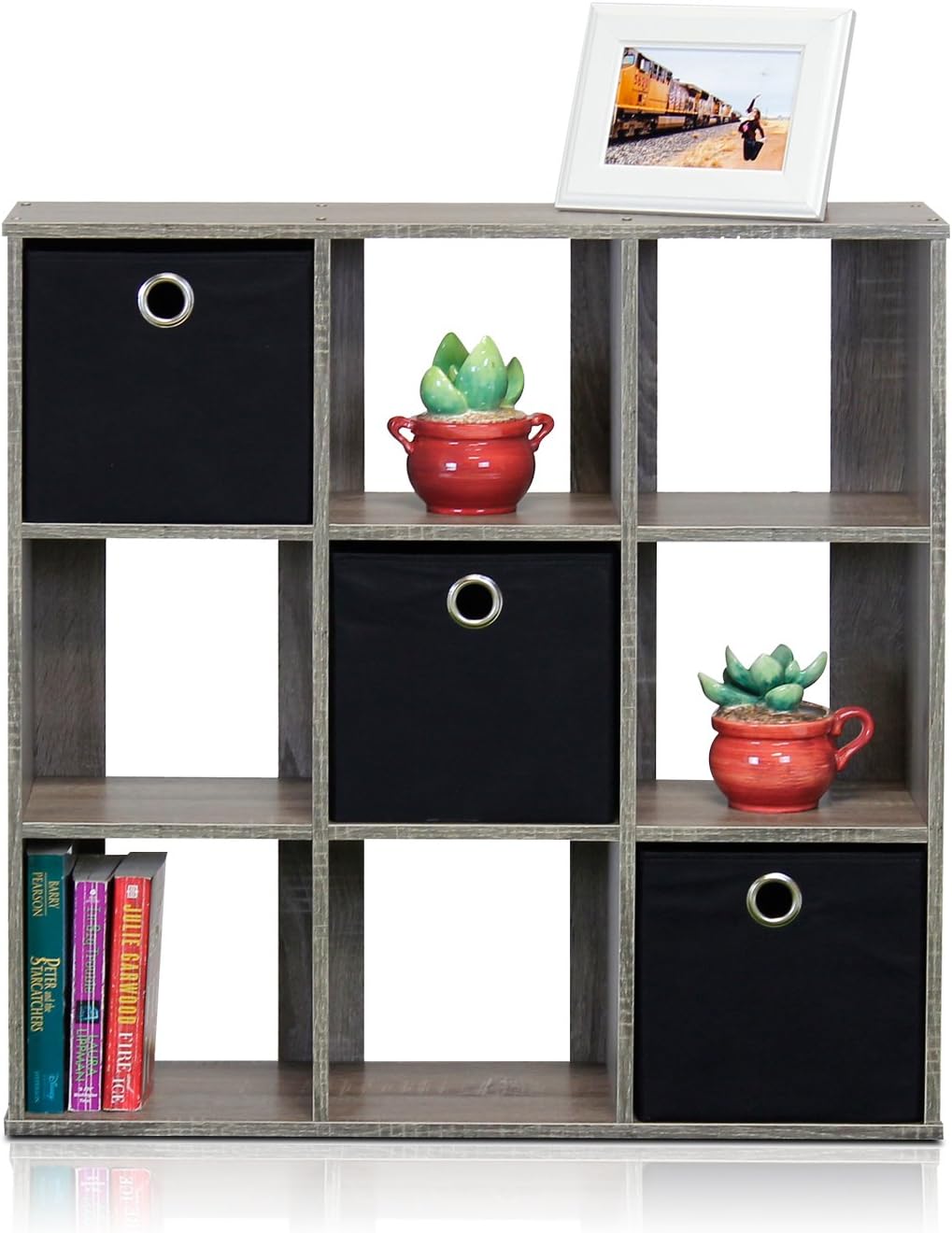  Furinno Simplistic Organisateur à 9 Cubes Avec Bacs, Chêne Français Gris/Noir, Bois Dense, One Size