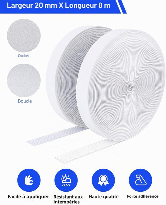  Double Sided Hook And Loop Tape, 20MM X 8M Self Adhesive Tape, Heavy Duty Tape, Interlocking Tape For Photo Frame, Mosquito Net, Carpet, DIY - White