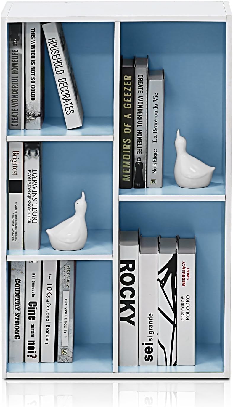  Furinno Luder Bibliothèque Etagère De Rangement Ouverte à 5 Cubes, Blanc/Bleu Clair