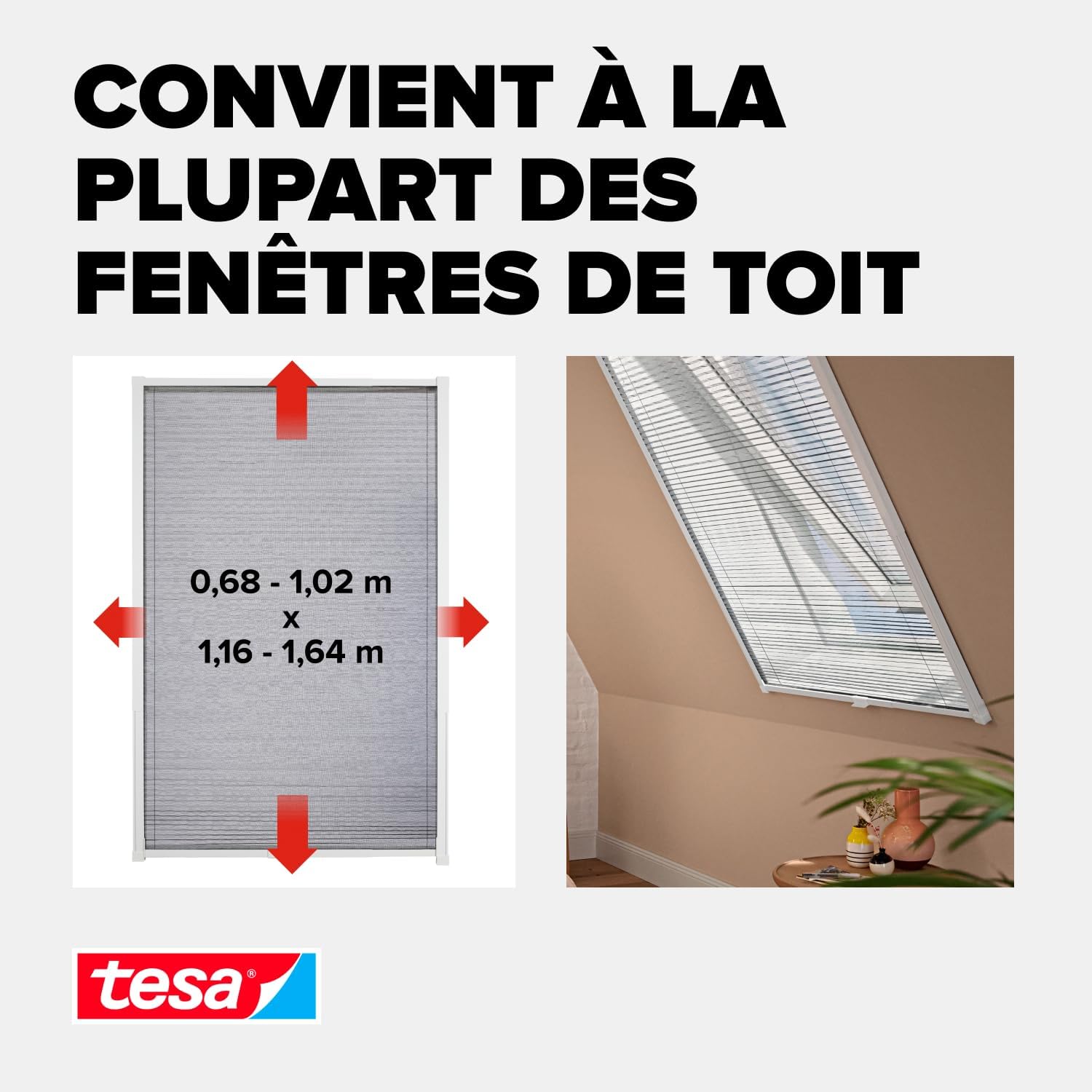  Tesa Moustiquaire Pour Fenêtre De Toit - Amovible Et Enroulable, Avec Cadre En Aluminium - Montage Facile & Sans Perçage Avec La Technologie Adhésive Tesa Powerstrips® - Blanc
