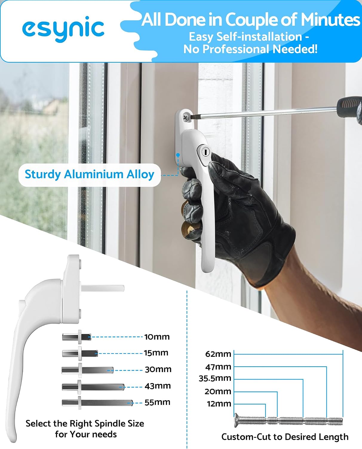  ESynic 1 Lot De Poignées De Fenêtre Blanches Pour Fenêtres En UPVC Verrouillables Universelles Avec Clé, 5 Broches Multiples, Vis Coupables, S'adapte Au Centre De 43 Mm, Pour Fenêtre Et Porte De