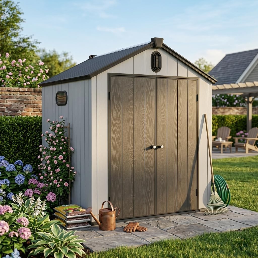  Abri De Jardin Résine 187x240 Cm – Cabanon Rangement Extérieur, Toit-Pointu, Double-paroi, Porte 180° – Pour Outils, Vélos, Tondeuse – Gris/Blanc