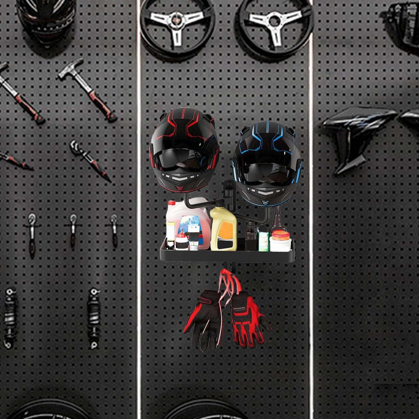  Motorcycle Safety Holder, Wall Mounted Helmet Rack Stand, 39.6/20.6/15.9 Inches, Hat Coat Organizer, Storage Design For Garage And Entryway Motorcycles Gear Display, Black