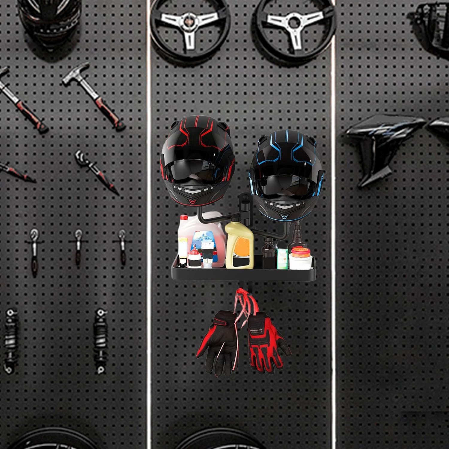 Motorcycle Safety Holder, Wall Mounted Helmet Rack Stand, 39.6/20.6/15.9 Inches, Hat Coat Organizer, Storage Design For Garage And Entryway Motorcycles Gear Display, Black