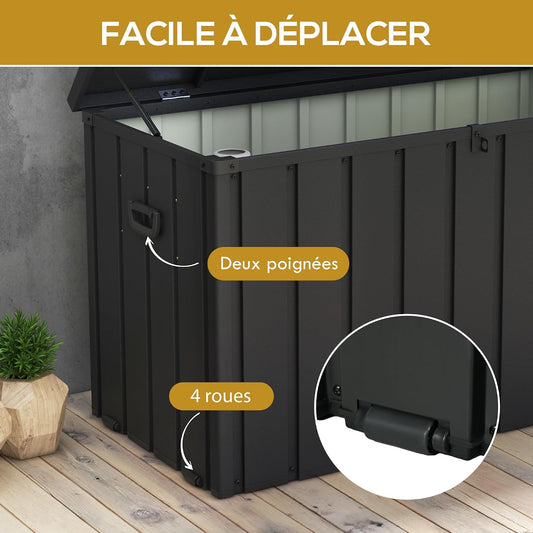  Outsunny Coffre De Rangement, Malle De Jardin, Capacité 450 L, Avec Poignée, Roulettes Et Vérin à Gaz, En Métal, 125,5 X 61,5 X 70 Cm, Gris Foncé