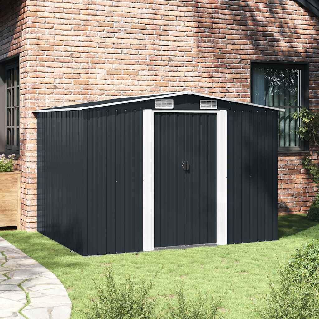  Abri De Rangement Extérieur En Métal Anthracite 257x205x178 Cm, Abri De Jardin Outillage Avec Doubles Portes Coulissantes Et 4 Aérations, Acier Galvanisé Résistant à La Corrosion