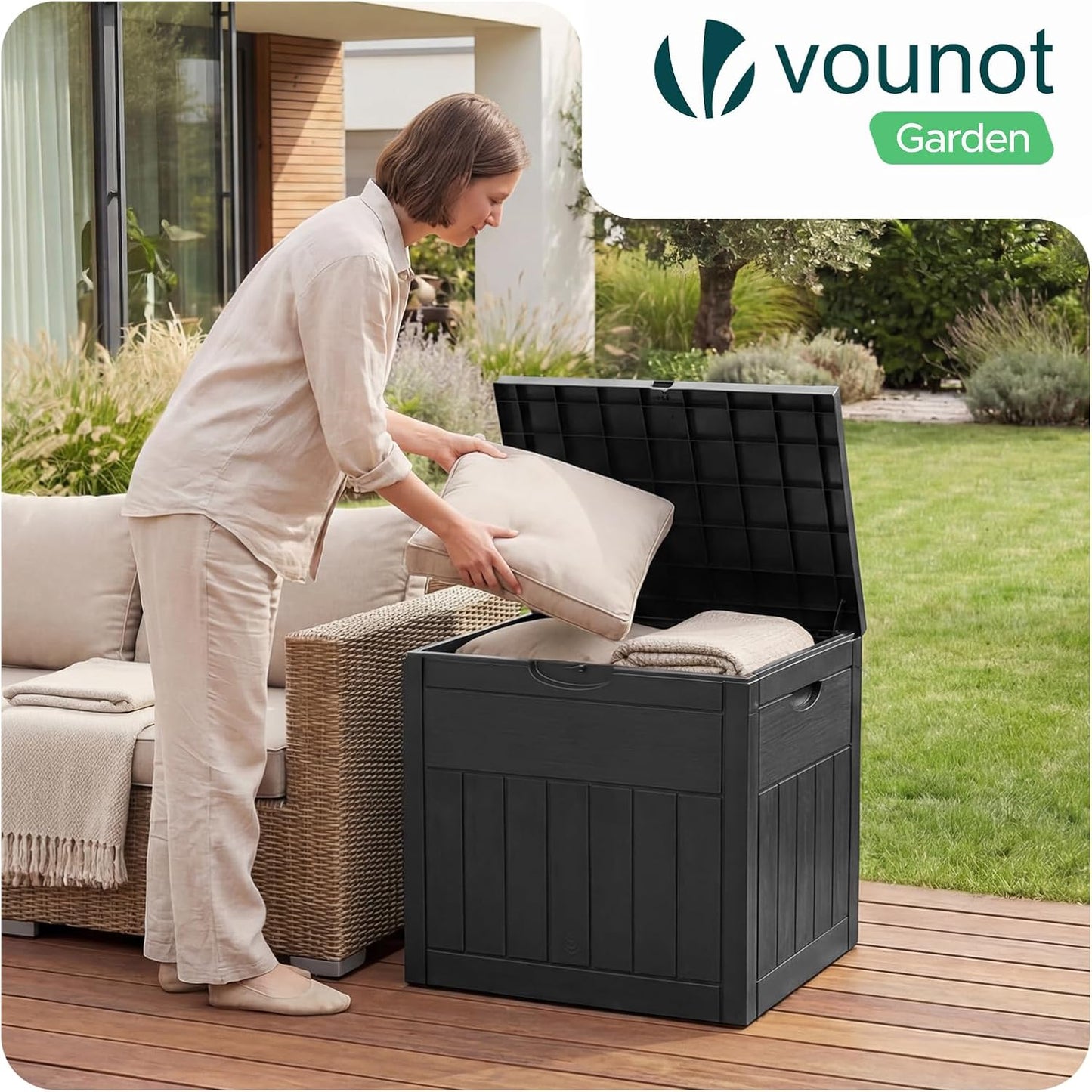  Vounot® Coffre De Rangement Extérieur 126L Boîte De Jardin Étanche Anti UV Couvercle Verrouillable Avec Poignées Encastrées 56 X 43 X 53 Cm Pour Jardin Terrasse Balcon Piscine Effet Polyrotin Noir