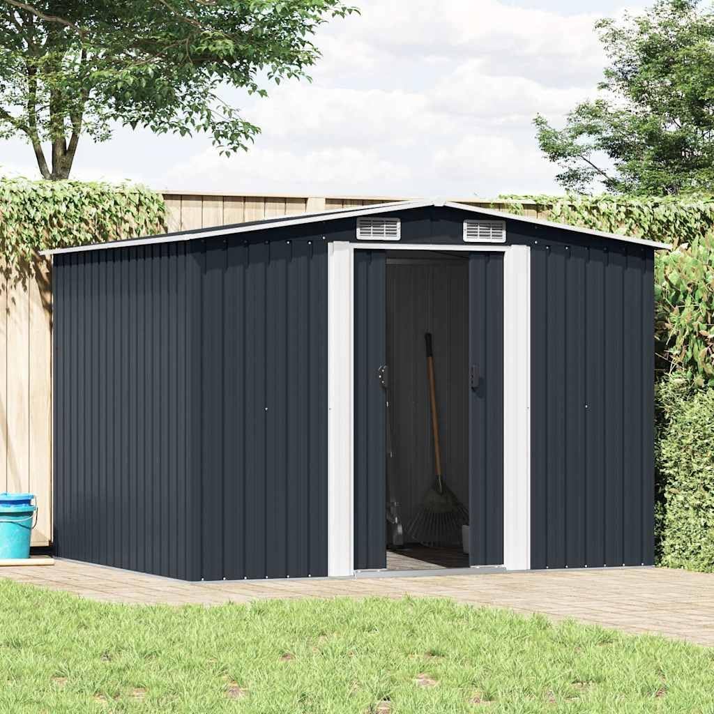  Abri De Rangement Extérieur En Métal Anthracite 257x205x178 Cm, Abri De Jardin Outillage Avec Doubles Portes Coulissantes Et 4 Aérations, Acier Galvanisé Résistant à La Corrosion