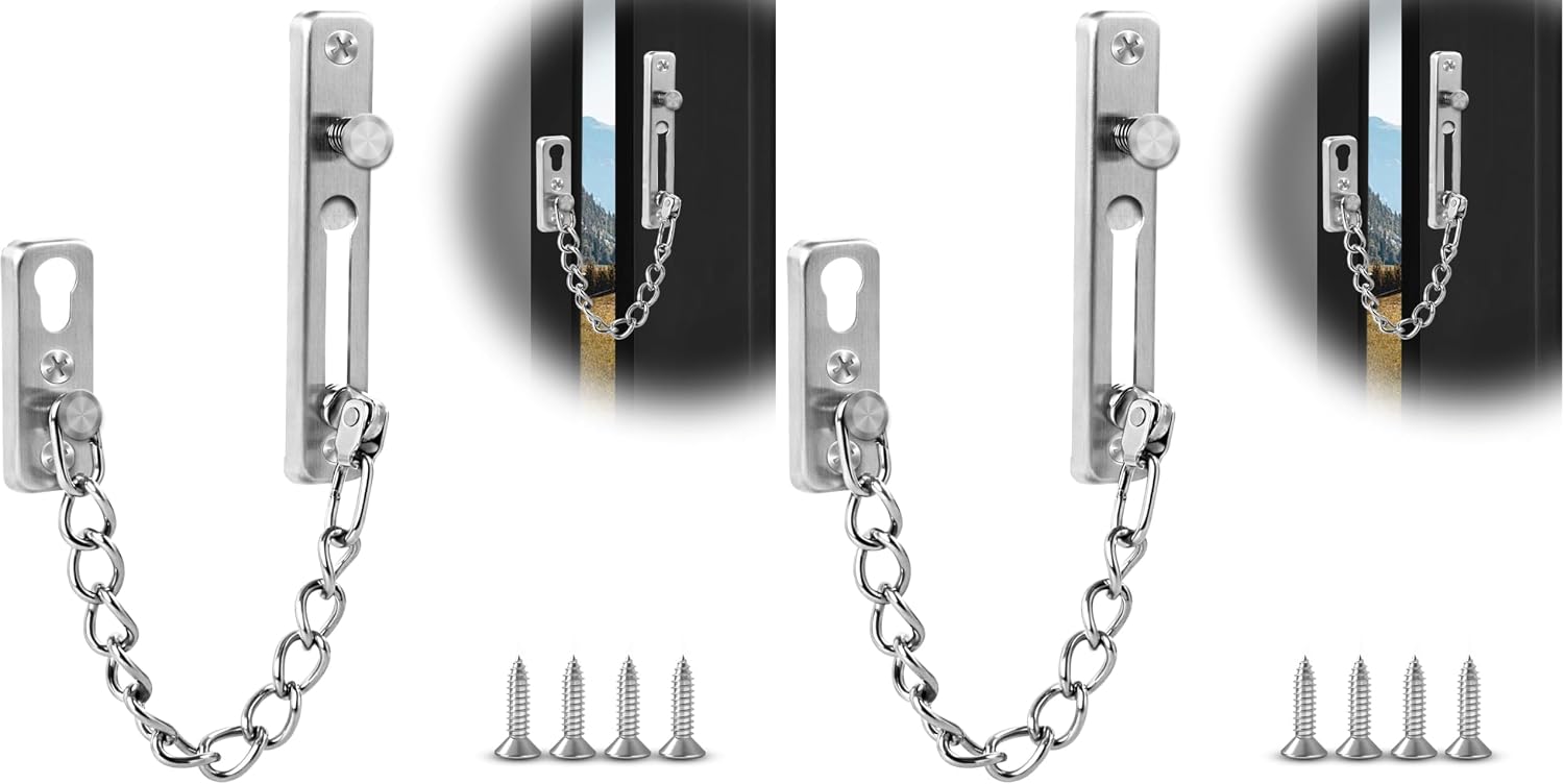  Elzle Chaîne De Sécurité Pour Porte En Acier Inoxydable, Avec Bouton Anti-Vol, 4 Vis Incluses, Sécurité Pour Porte D'Entrée, Portes Intérieures & Fenêtres (Argent)