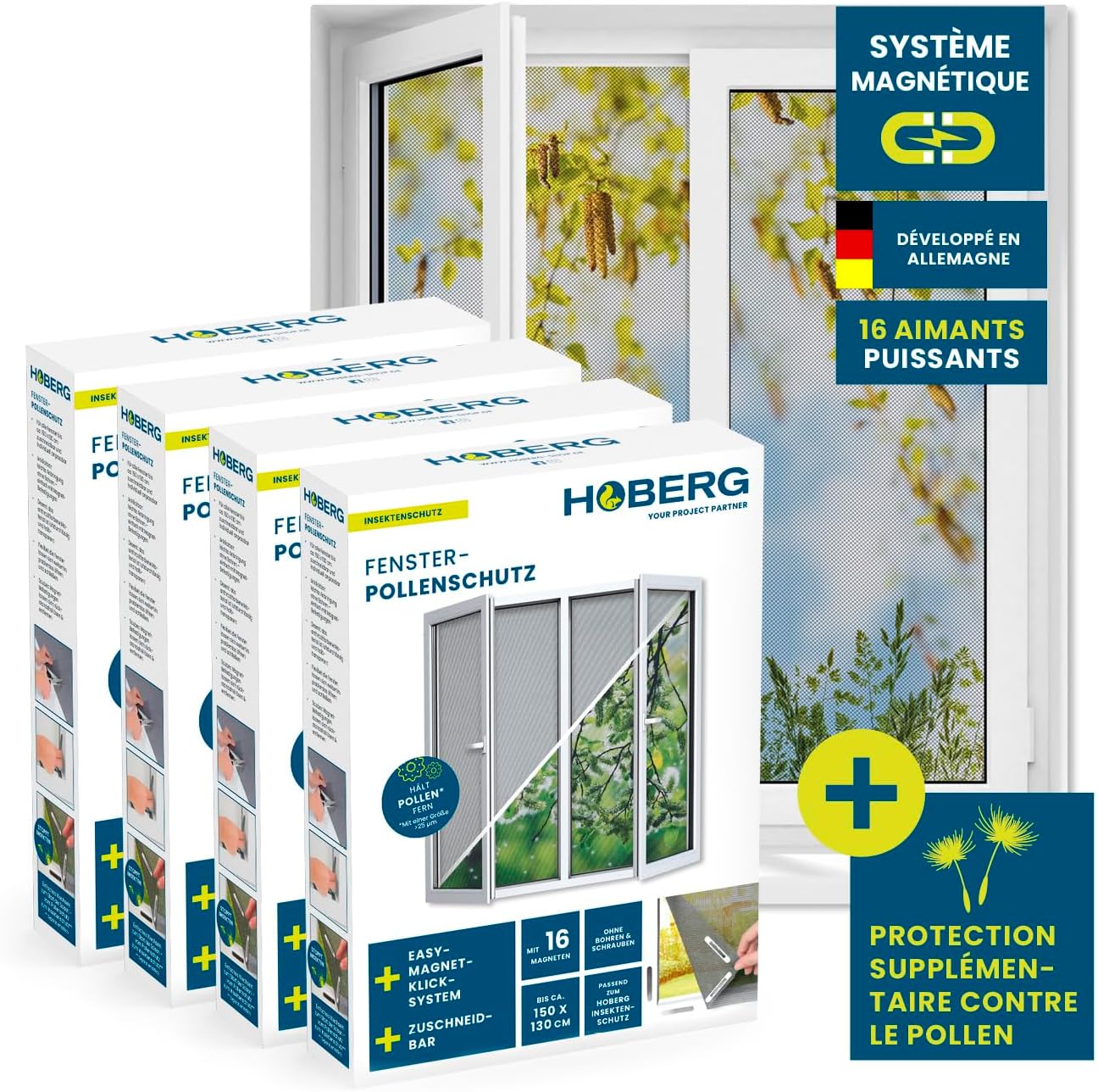  Hoberg Moustiquaire De Fenêtre Avec Fixation Magnétique Innovante | Moustiquaire Jusqu'à 150 X 130 Cm Découpable Individuellement, Pas De Perçage Ni De Vissage | Fixation Avec 16 Aimants [Noir]