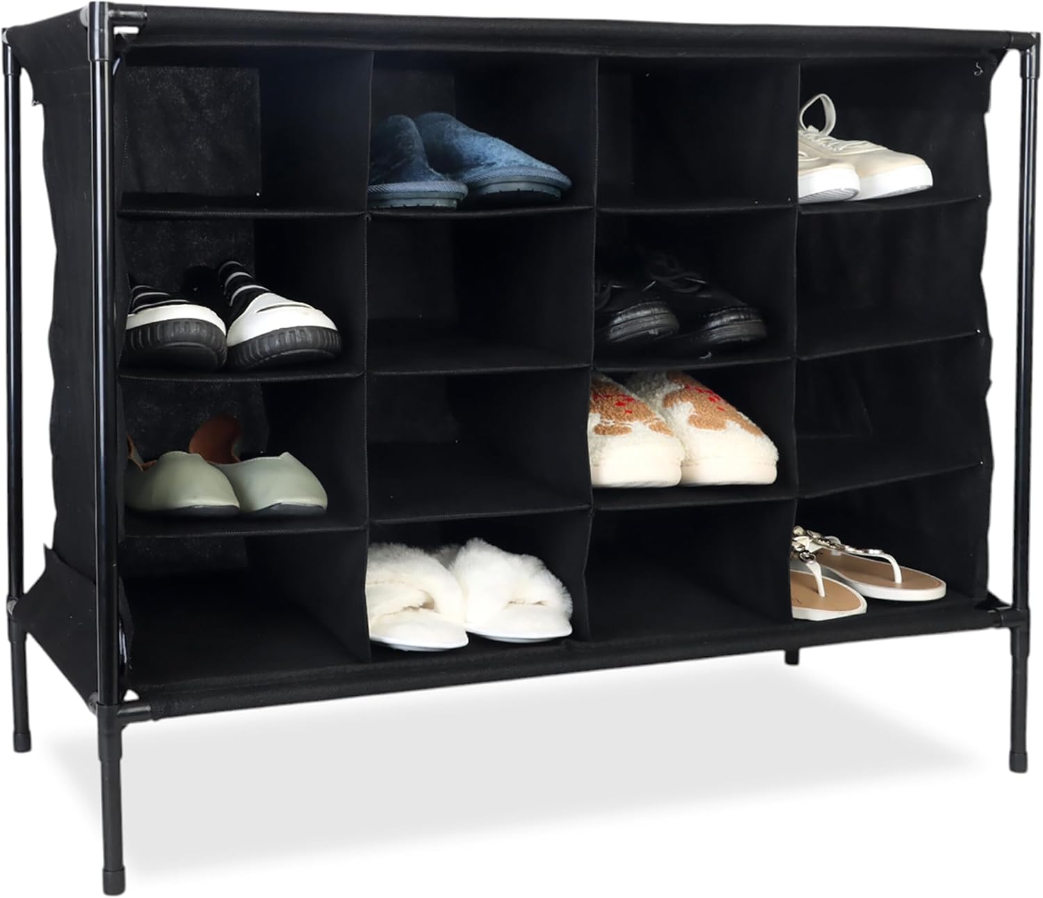  Relaxdays Meuble à Chaussures Pour Le Camping, 16 Compartiments, Montage Facile, H X L X P : 65 X 84 X 36 Cm, Noir