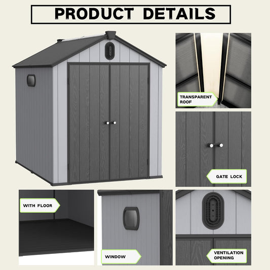  Abri De Jardin Résine 187x240 Cm – Cabanon Rangement Extérieur, Toit-Pointu, Double-paroi, Porte 180° – Pour Outils, Vélos, Tondeuse – Gris/Blanc