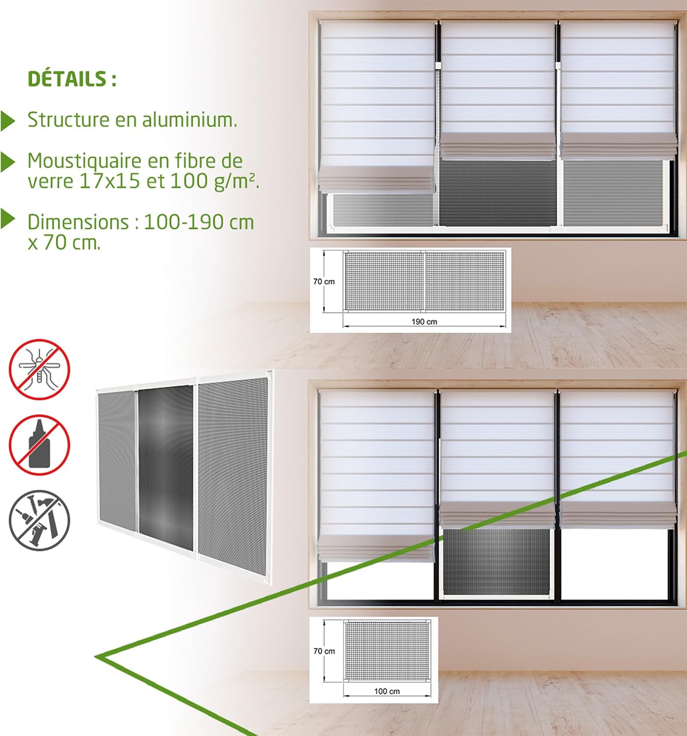  Amig - Moustiquaire Extensible Pour Fenêtres | Installation Sans Outils | S’adapte Dans L’emplacement Du Volet | 100 X 70 Cm | Ajustable Jusqu’à 190 Cm | Aluminium Blanc Et Maille En Fibre De Verre