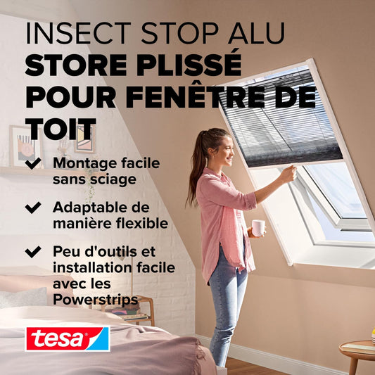  Tesa Moustiquaire Pour Fenêtre De Toit - Amovible Et Enroulable, Avec Cadre En Aluminium - Montage Facile & Sans Perçage Avec La Technologie Adhésive Tesa Powerstrips® - Blanc