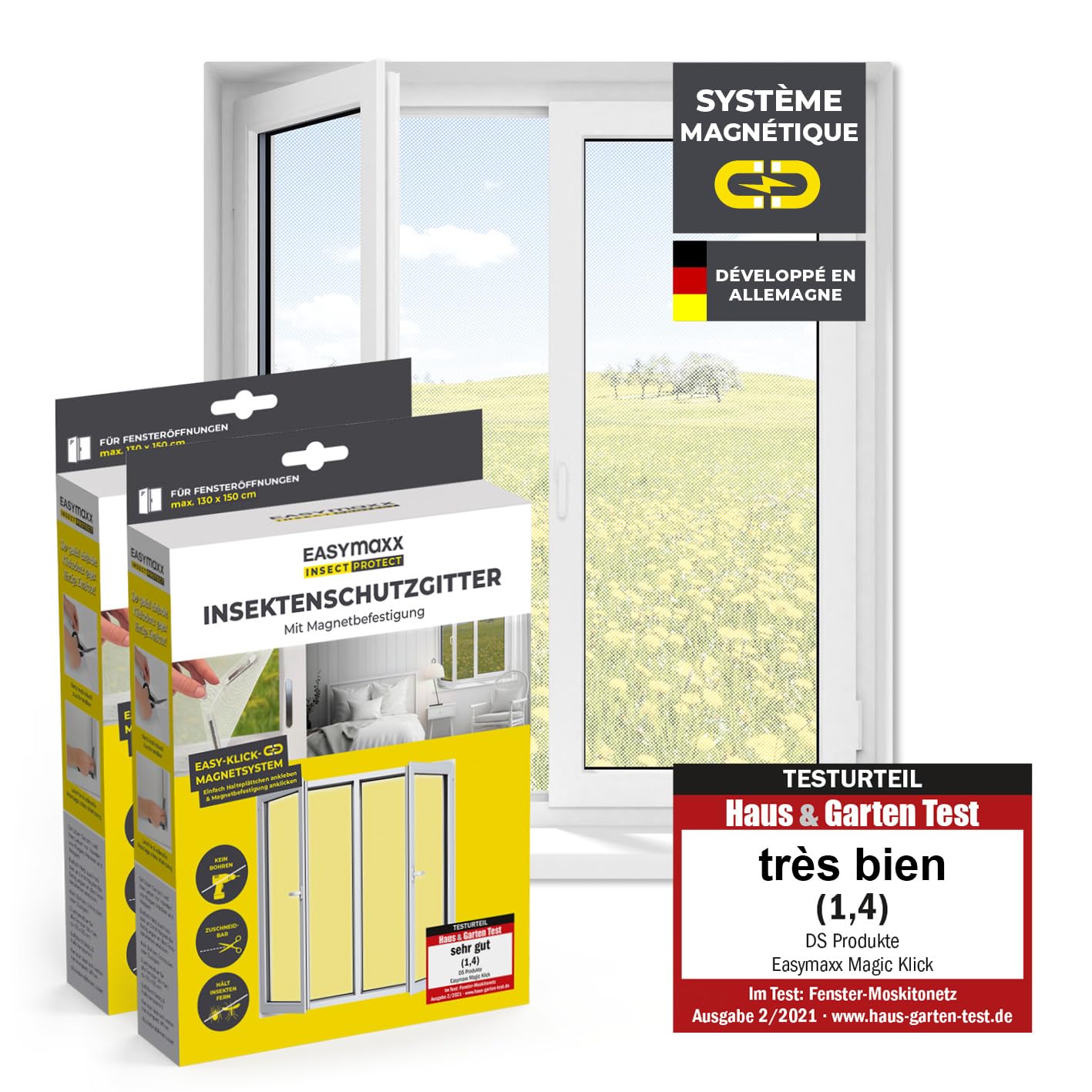  EASYmaxx Moustiquaire De Fenêtre Avec Protection Contre Le Pollen & Magic Click | Peut être Découpée Pour Des Fenêtres Jusqu'à 150x130cm | Montage Facile Avec 12 Aimants - Pas De Perçage [Anthracite]