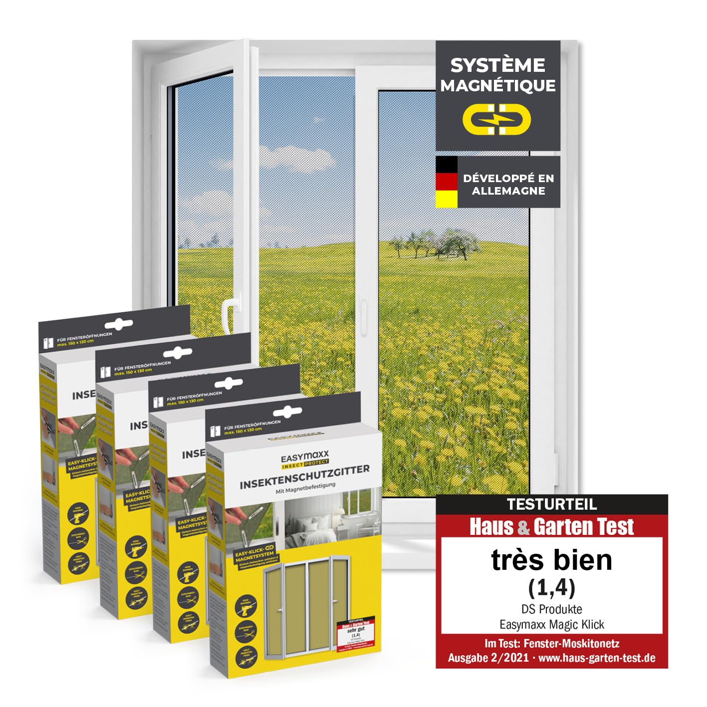  EASYmaxx Moustiquaire De Fenêtre Avec Protection Contre Le Pollen & Magic Click | Peut être Découpée Pour Des Fenêtres Jusqu'à 150x130cm | Montage Facile Avec 12 Aimants - Pas De Perçage [2 Pièces]