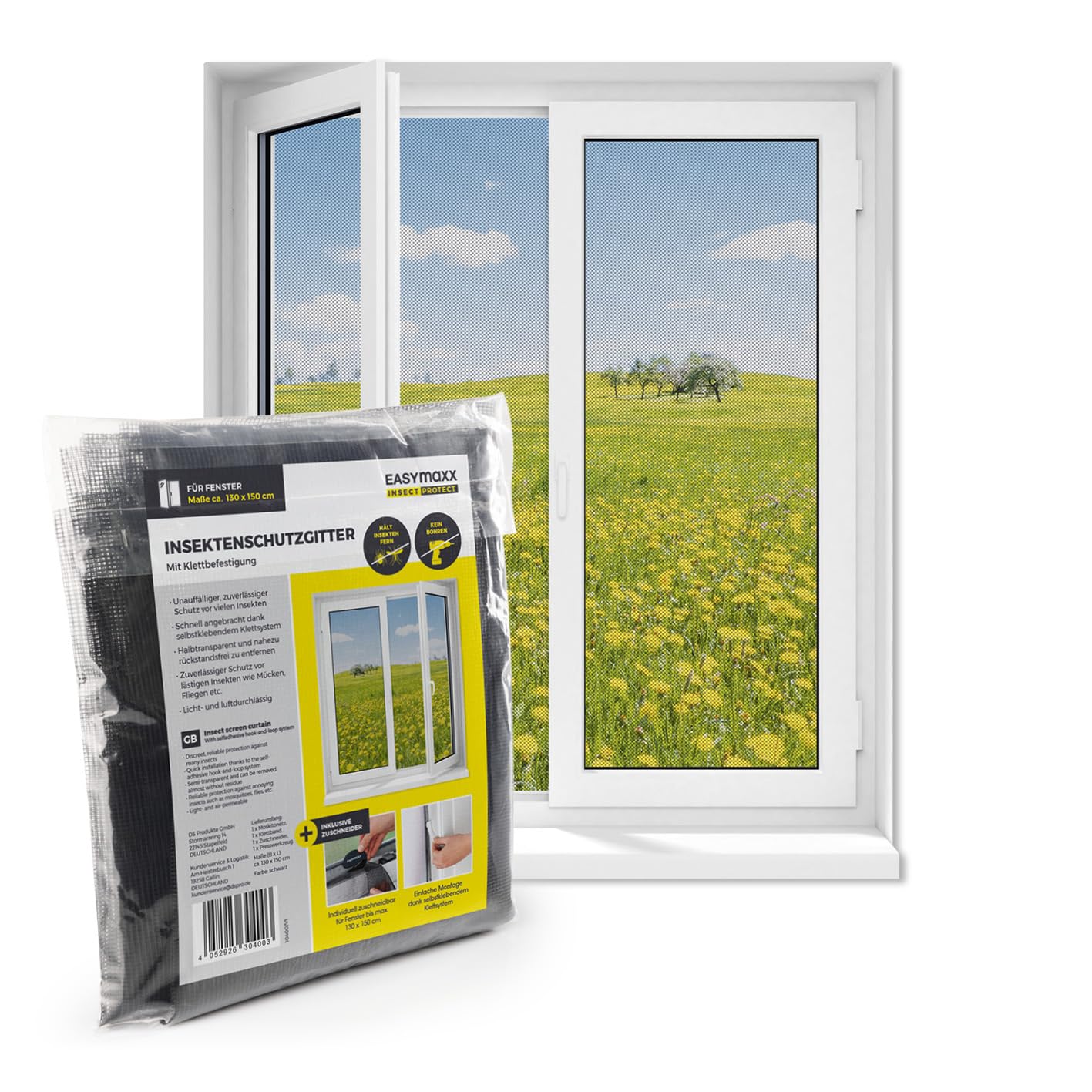 EASYmaxx Moustiquaire Pour Fenêtre Avec Bande Auto-agrippante | Découpable Jusqu’à 130 X 150 Cm | Montage Facile – Sans Percer Ni Visser | Filet Anti-insectes Autocollant - 1 Pièce [Noir]