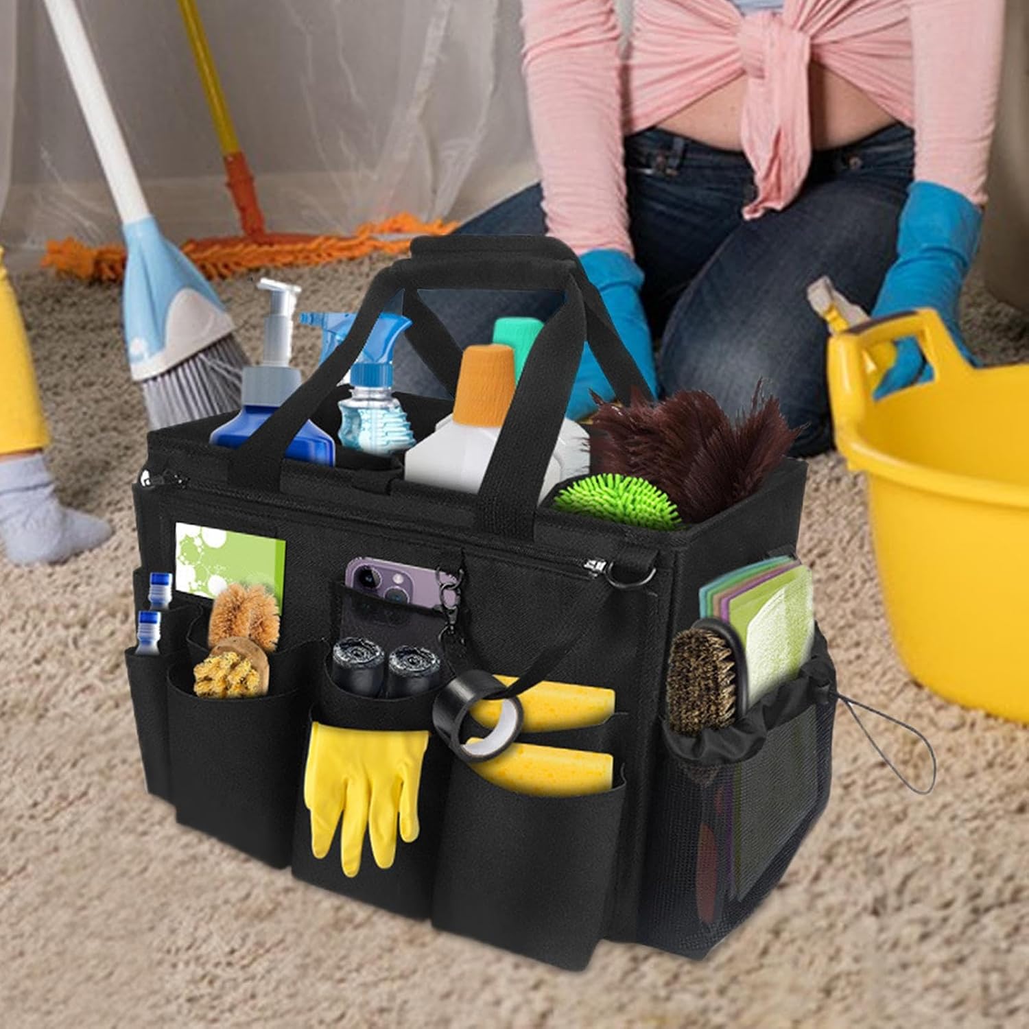  Générique Sac Pour Fournitures De Nettoyage | Pliant Pour Entretien Ménager - Porte-Outils Mesh Respirant Imperméable Avec Poignée Bretelle Pour Chiffons Époussetage Cuisine