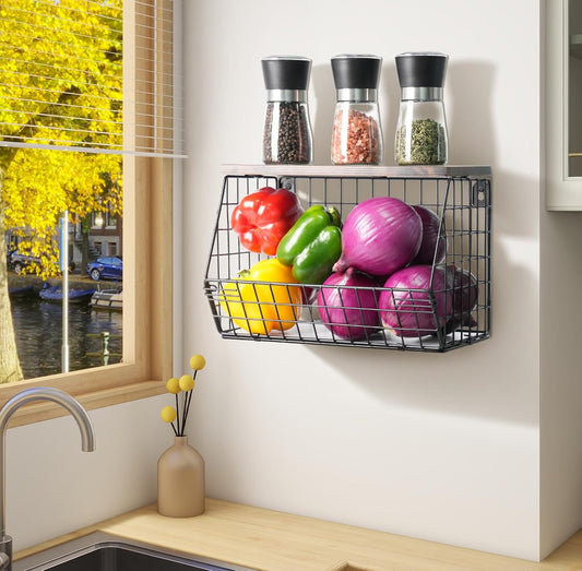  Wawocs Panier De Fruits Et Légumes Mural Empilable, Bac à Fruits Etagère Range Légumes Cuisine, Corbeille Rangement Métal Avec 2 Crochets, Noir