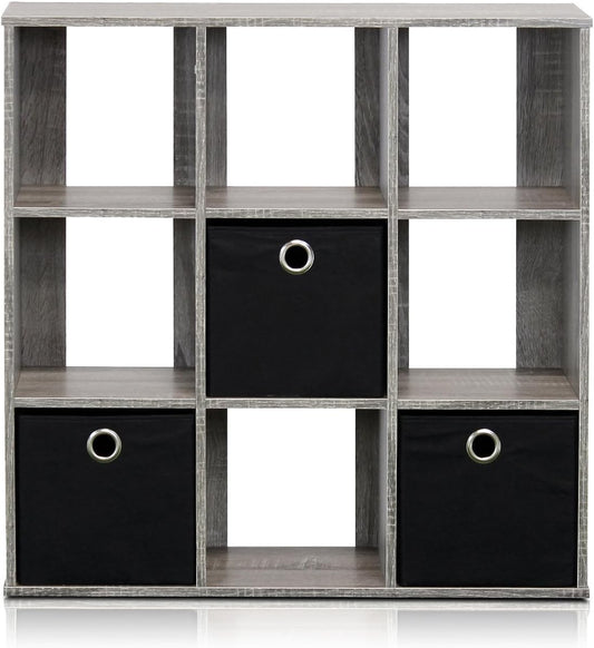  Furinno Simplistic Organisateur à 9 Cubes Avec Bacs, Chêne Français Gris/Noir, Bois Dense, One Size