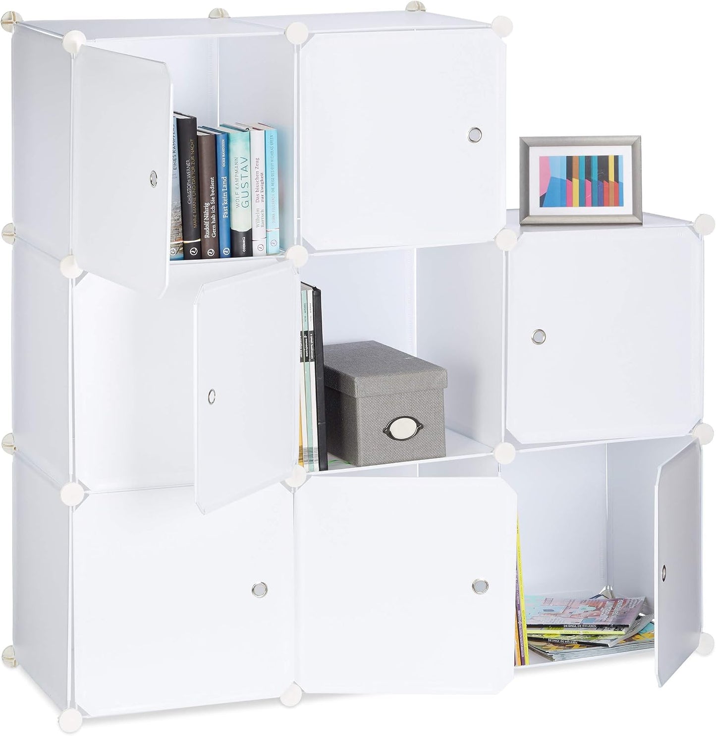  Relaxdays Étagère Rangement 9 Casiers Portes Plastique Modulable DIY Assemblage Plug In Bibliothèque, Blanc, 95.5 X 32 X 95.5 Cm