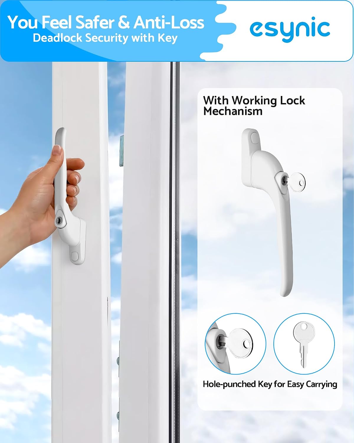 ESynic 1 Lot De Poignées De Fenêtre Blanches Pour Fenêtres En UPVC Verrouillables Universelles Avec Clé, 5 Broches Multiples, Vis Coupables, S'adapte Au Centre De 43 Mm, Pour Fenêtre Et Porte De