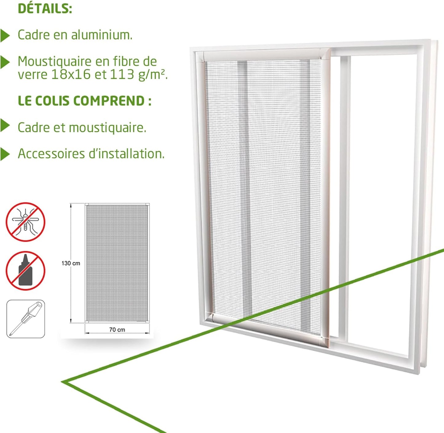  Amig - Sliding Screen For Windows | White Aluminium And Grey Fiberglass Mesh | Adjustable And Cut To Size | Quick Installation On Window Frame | 70 X 130 Cm