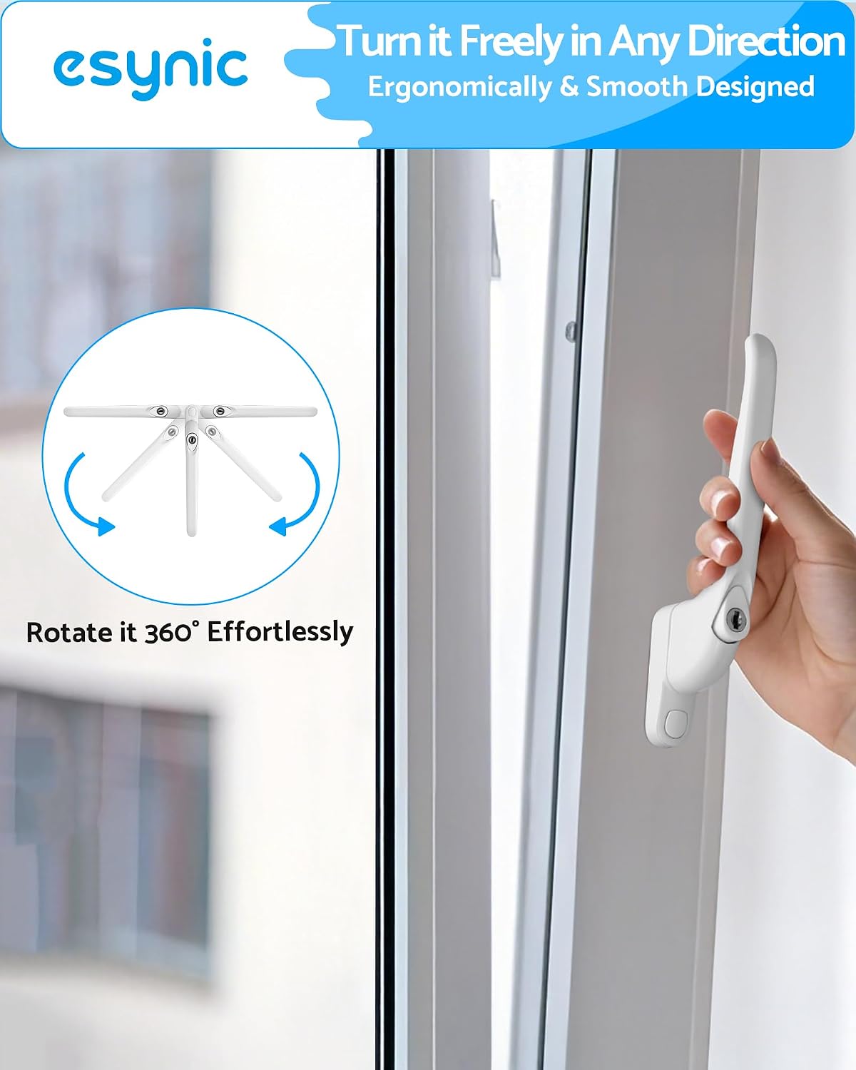  ESynic 1 Lot De Poignées De Fenêtre Blanches Pour Fenêtres En UPVC Verrouillables Universelles Avec Clé, 5 Broches Multiples, Vis Coupables, S'adapte Au Centre De 43 Mm, Pour Fenêtre Et Porte De