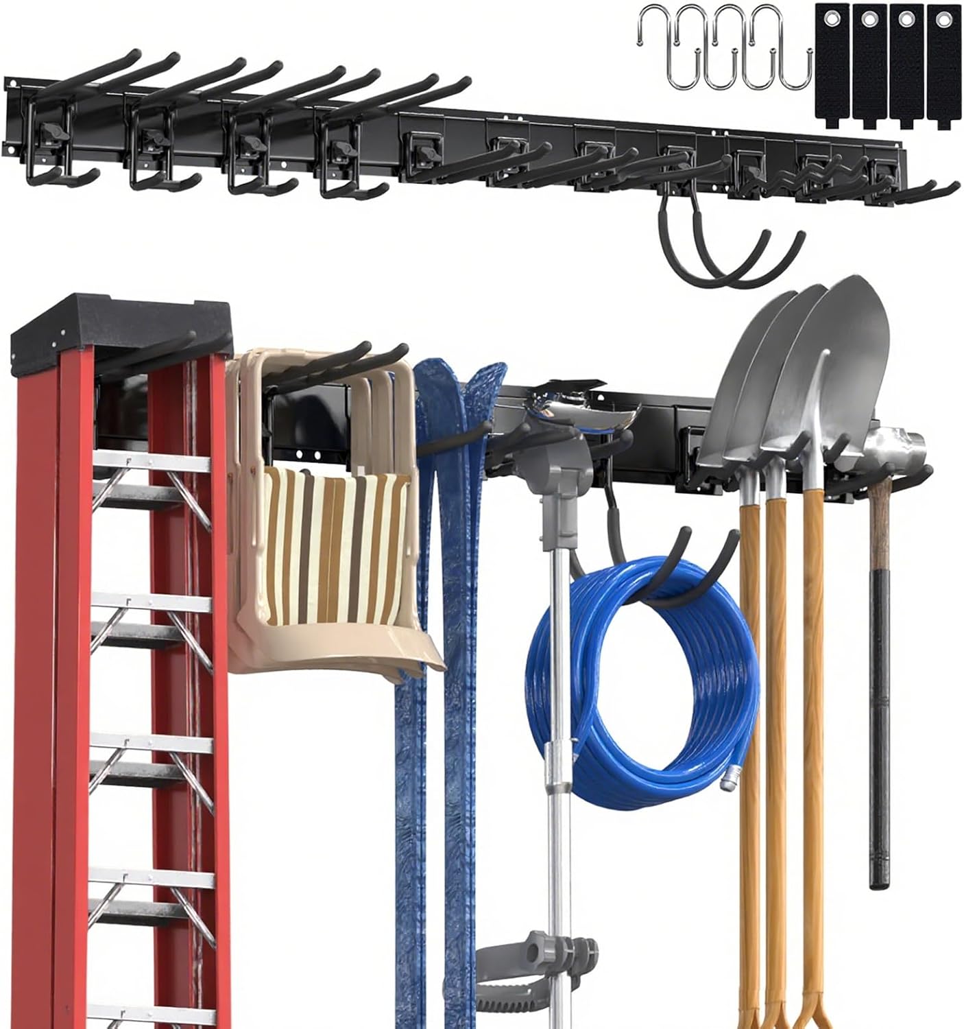  3-H Porte Outils Mural Jardin 120cm, Range Outils De Jardin En Acier Carbone Avec 3 Rails & 10 Crochets De Garage Réglables & 4 Crochets S & 4 Sangles | Support Mural Modulable Pour Ski Balai Râteau