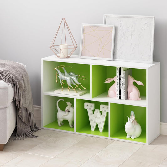  Furinno Luder Bibliothèque Etagère De Rangement Ouverte à 5 Cubes, Blanc/Vert