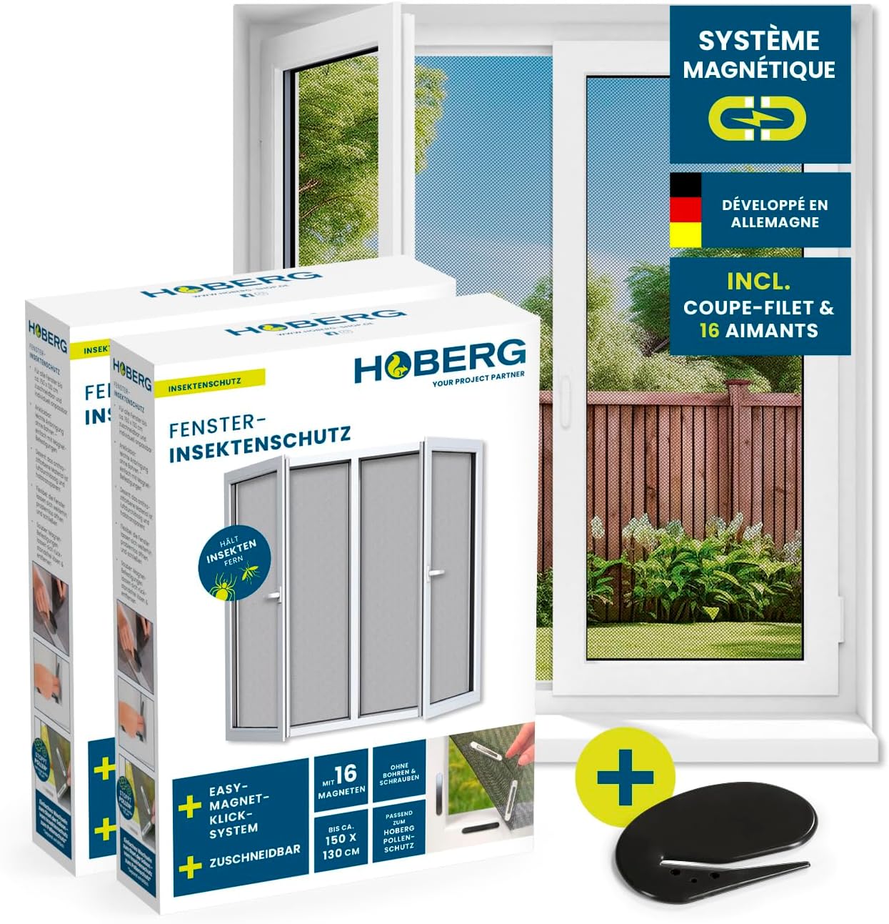  Hoberg Moustiquaire De Fenêtre Avec Fixation Magnétique Innovante | Moustiquaire Jusqu'à 150 X 130 Cm Découpable Individuellement, Pas De Perçage Ni De Vissage | Fixation Avec 16 Aimants [Noir]