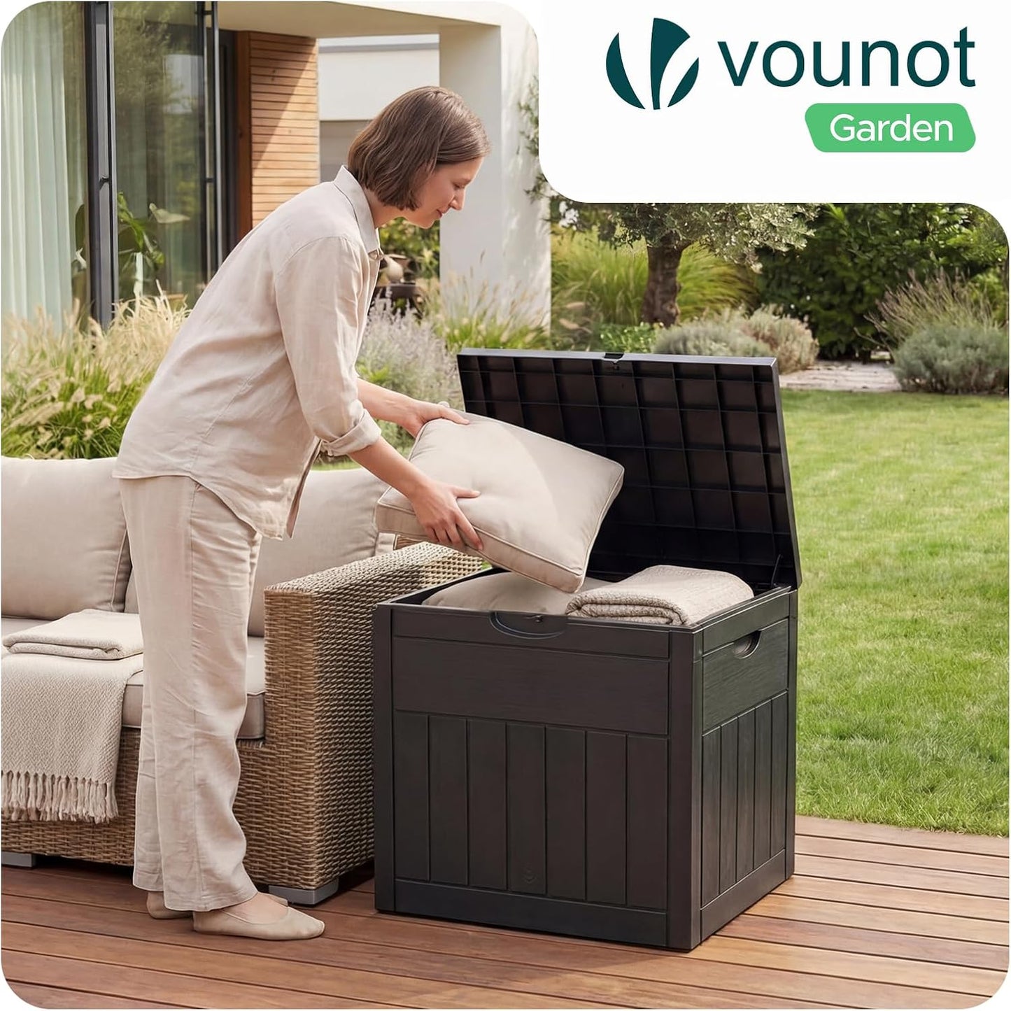  Vounot® Coffre De Rangement Extérieur 126L Boîte De Jardin Étanche Anti UV Couvercle Verrouillable Avec Poignées Encastrées 56 X 43 X 53 Cm Pour Jardin Terrasse Balcon Piscine Effet Bois Noir