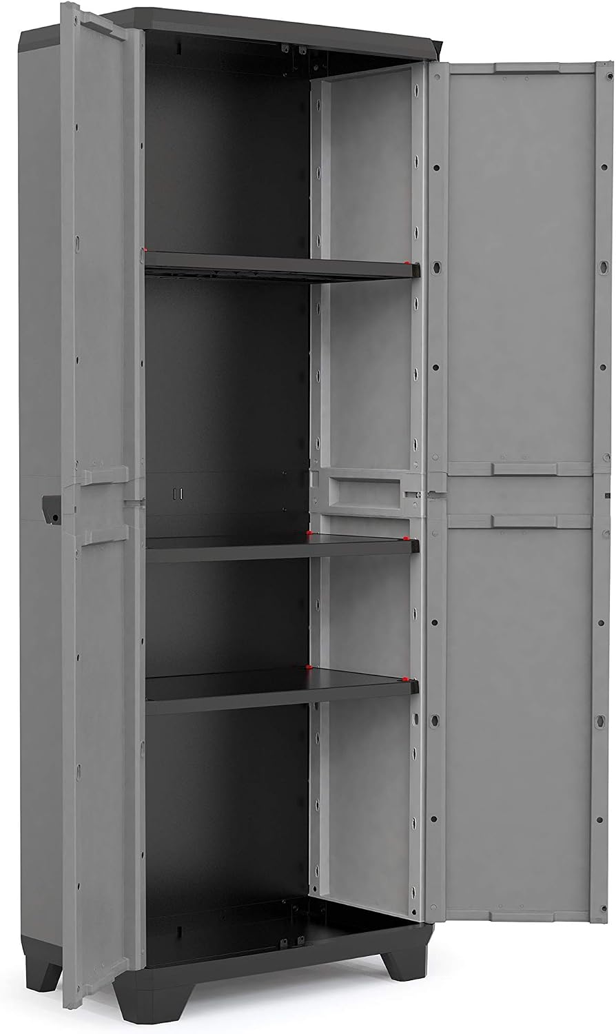  Keter Armoire Utilitaire STILO - Armoire De Rangement En Résine Multifonctions - Étagères Et Pieds Ajustables, Poignée Soft Touch - Cuisine, Garage, Atelier - 68 X 39 X 173 Cm - Gris/Noir/Rouge