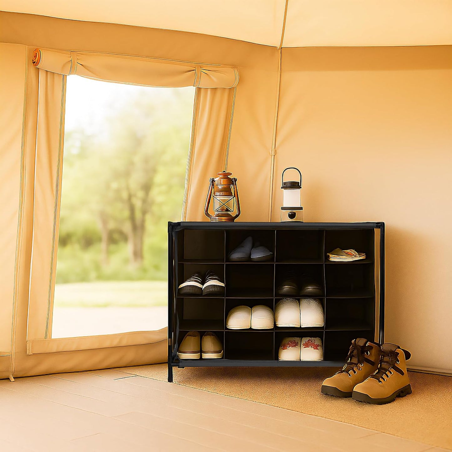  Relaxdays Meuble à Chaussures Pour Le Camping, 16 Compartiments, Montage Facile, H X L X P : 65 X 84 X 36 Cm, Noir