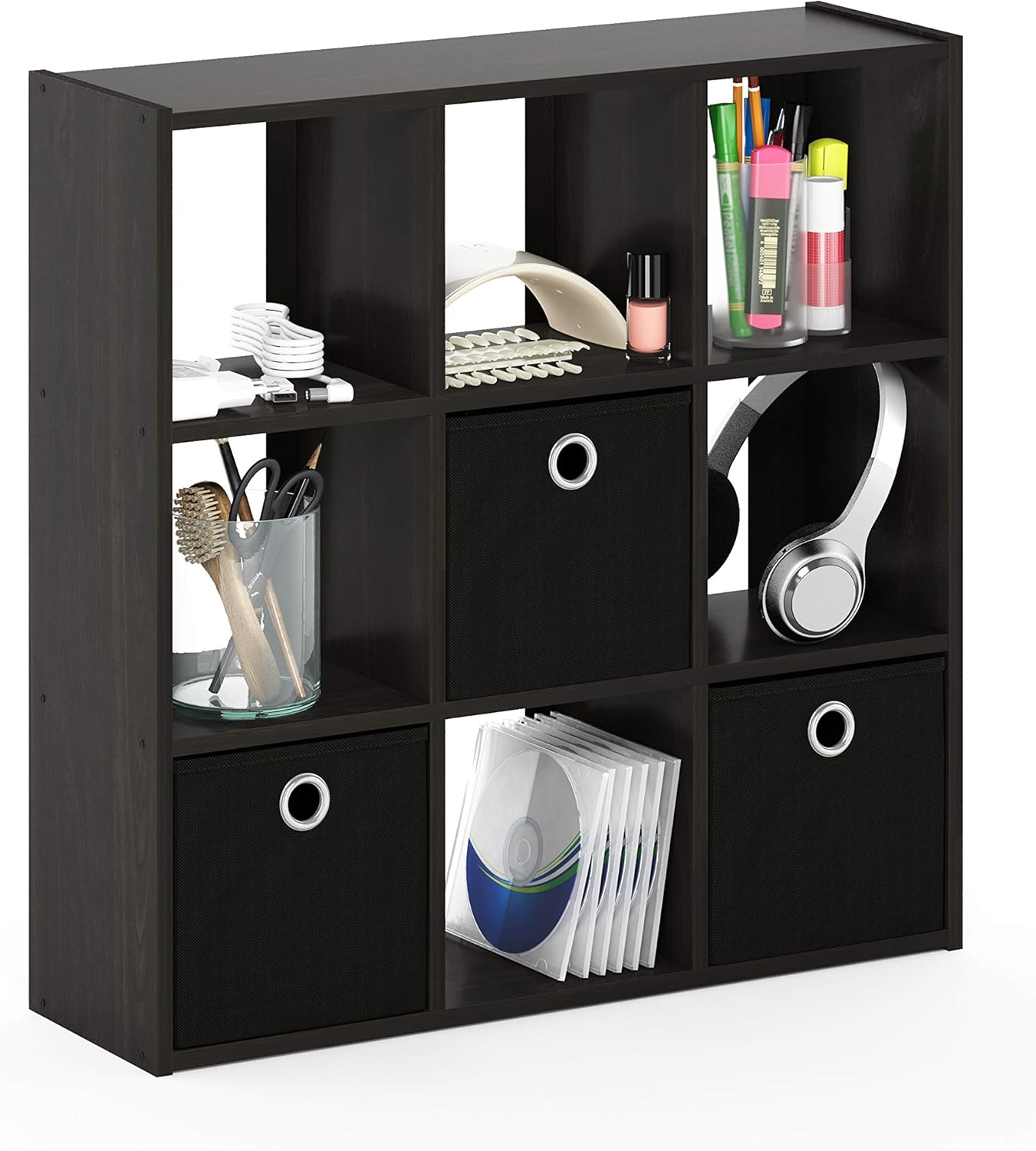  Furinno Simplistic Organisateur à 9 Cubes Avec Bacs, Chêne Français Gris/Noir, Bois Dense, One Size