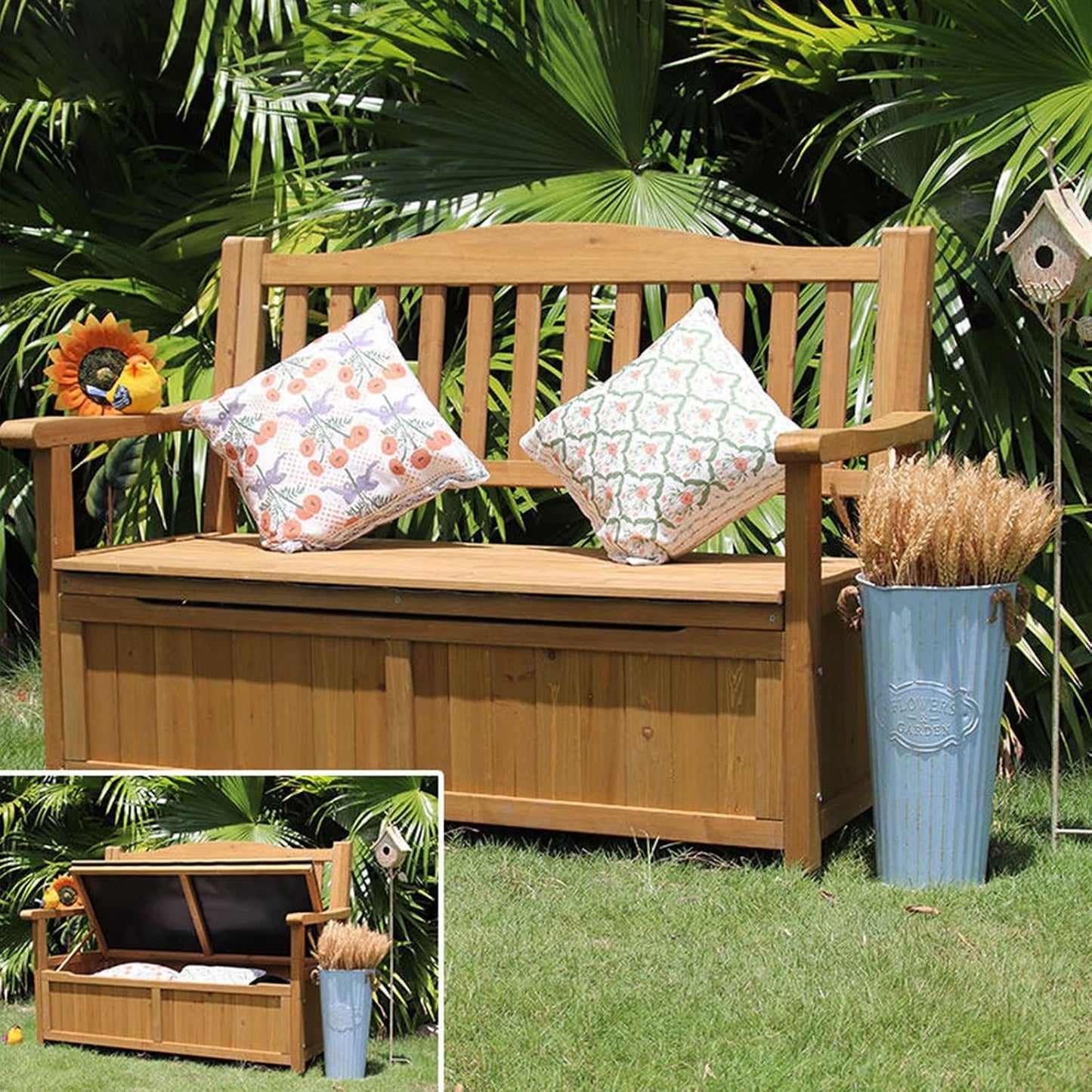  Banc De Rangement Extérieur En Bois D'Épicéa, Coffre De Jardin 2 Places Avec Dossier, Structure Renforcée, Pour Patio, Balcon, Terrasse, Résistant Aux Intempéries(Brown)
