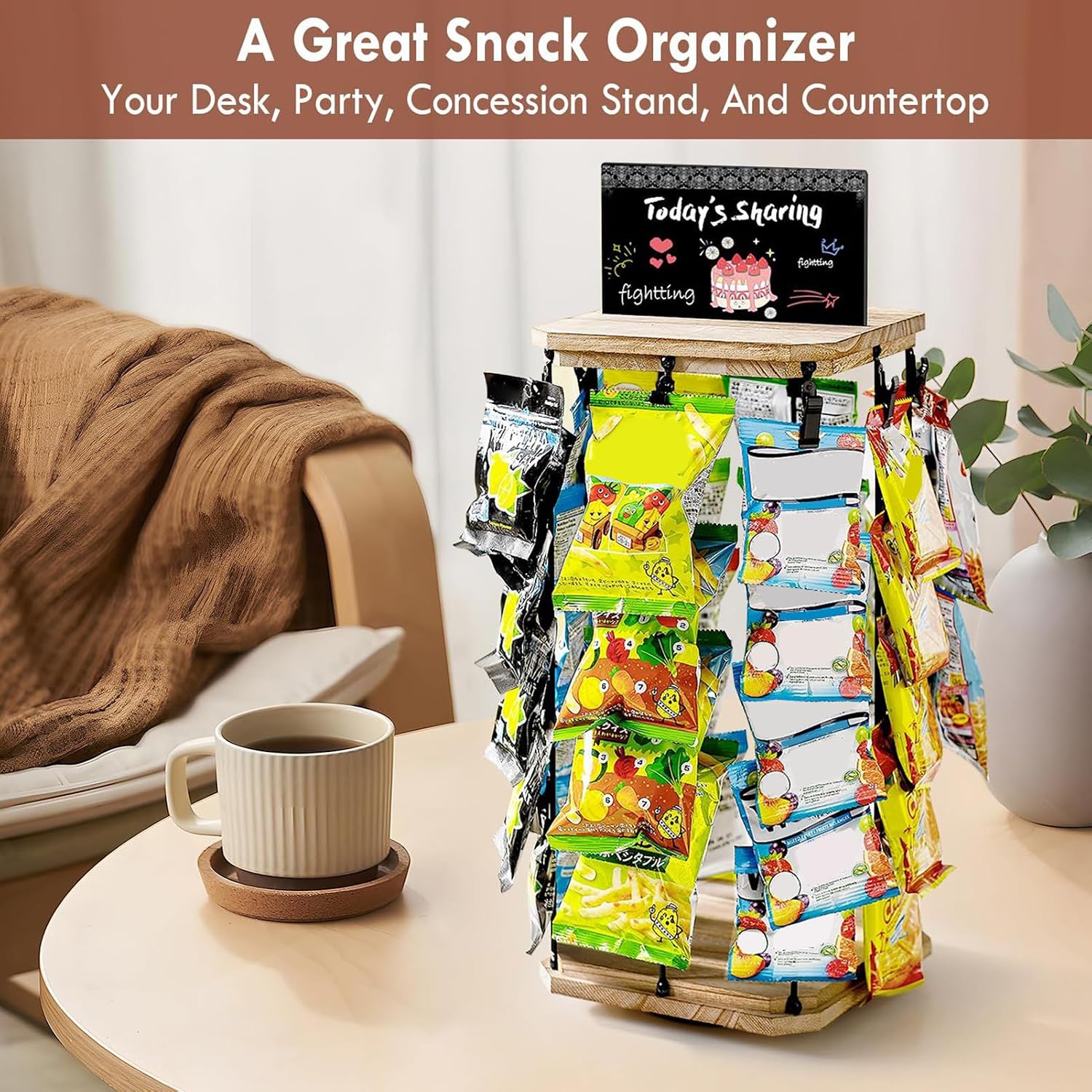  Rack D'affichage à Puce, Organisateur De Collations Rotatives à 360 ° Avec Babillard Et Base En Bois, Support D'économie D'espace Pour Le Stockage Des Aliments De Bonbons Pour Copeaux, Comptoir, épreu