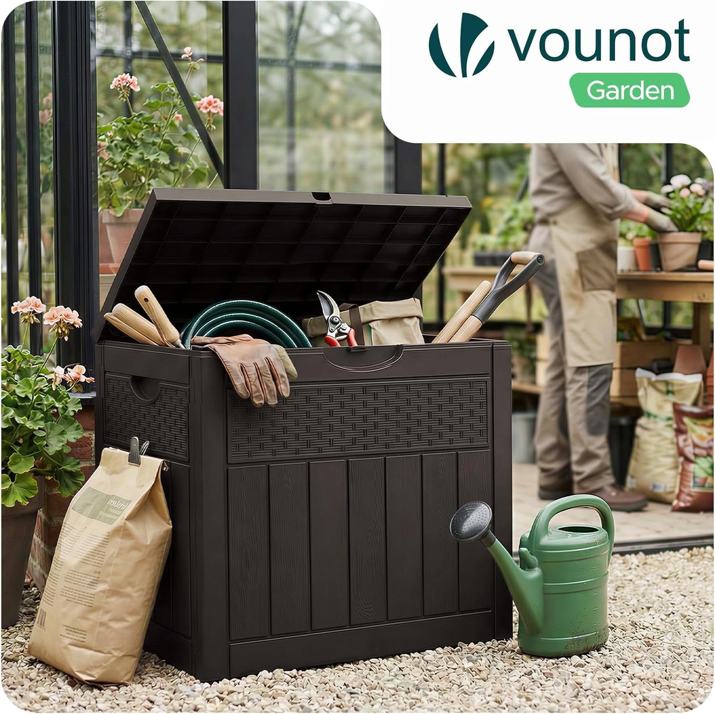  Vounot® Coffre De Rangement Extérieur 126L Boîte De Jardin Étanche Anti UV Couvercle Verrouillable Avec Poignées Encastrées 56 X 43 X 53 Cm Pour Jardin Terrasse Balcon Piscine Effet Polyrotin Marron