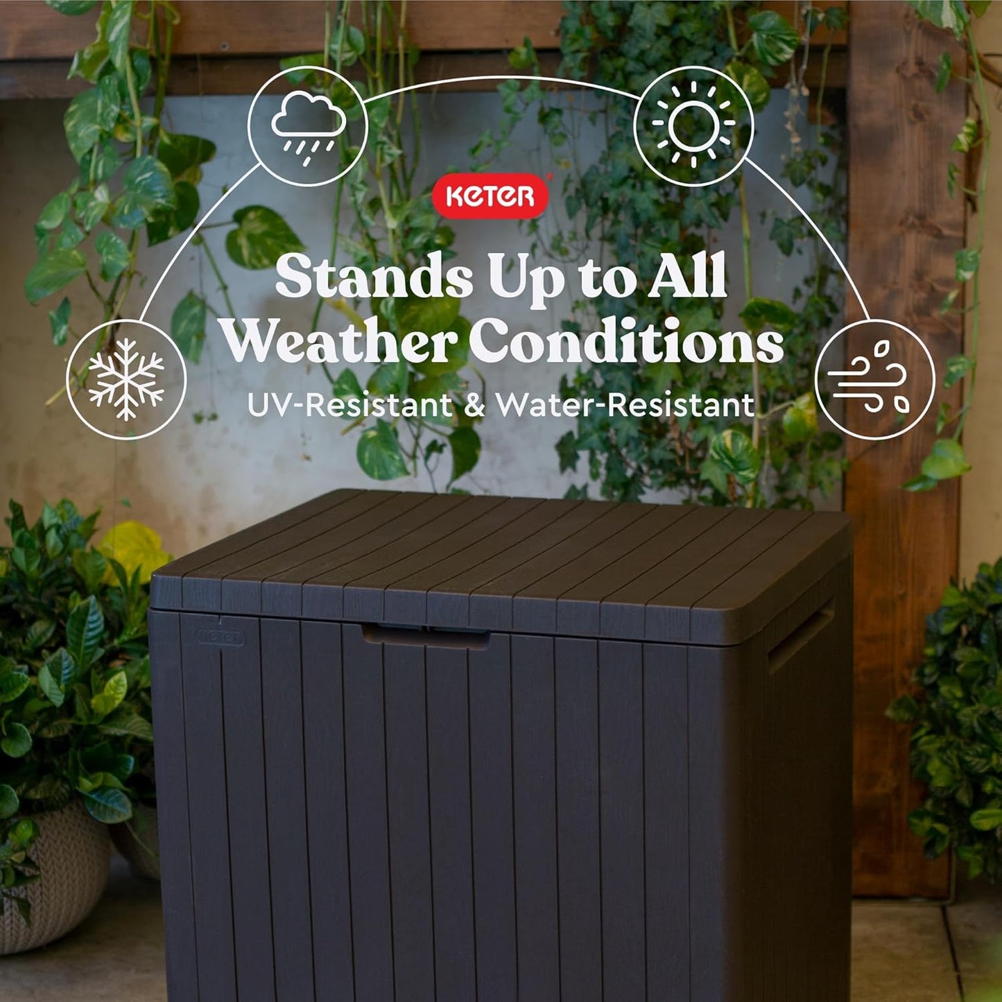  Keter City Boîte De Rangement En Résine Pour Meubles De Terrasse, Accessoires De Piscine Et Jouets D'extérieur Marron 30 Gallons