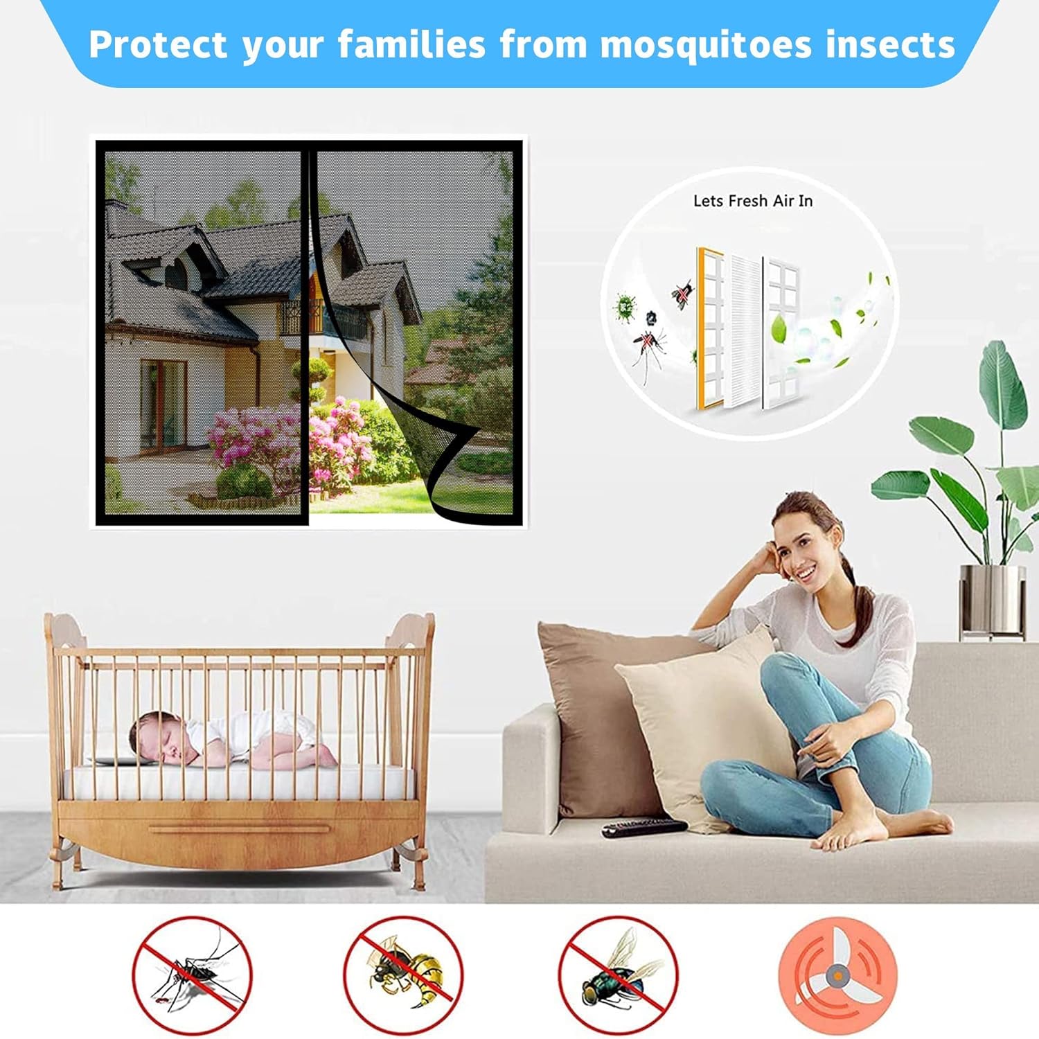  Magnetic Mosquito Net, 150 X 110 Cm Automatically Closed, Powerful Magnets For Most Windows, Brown