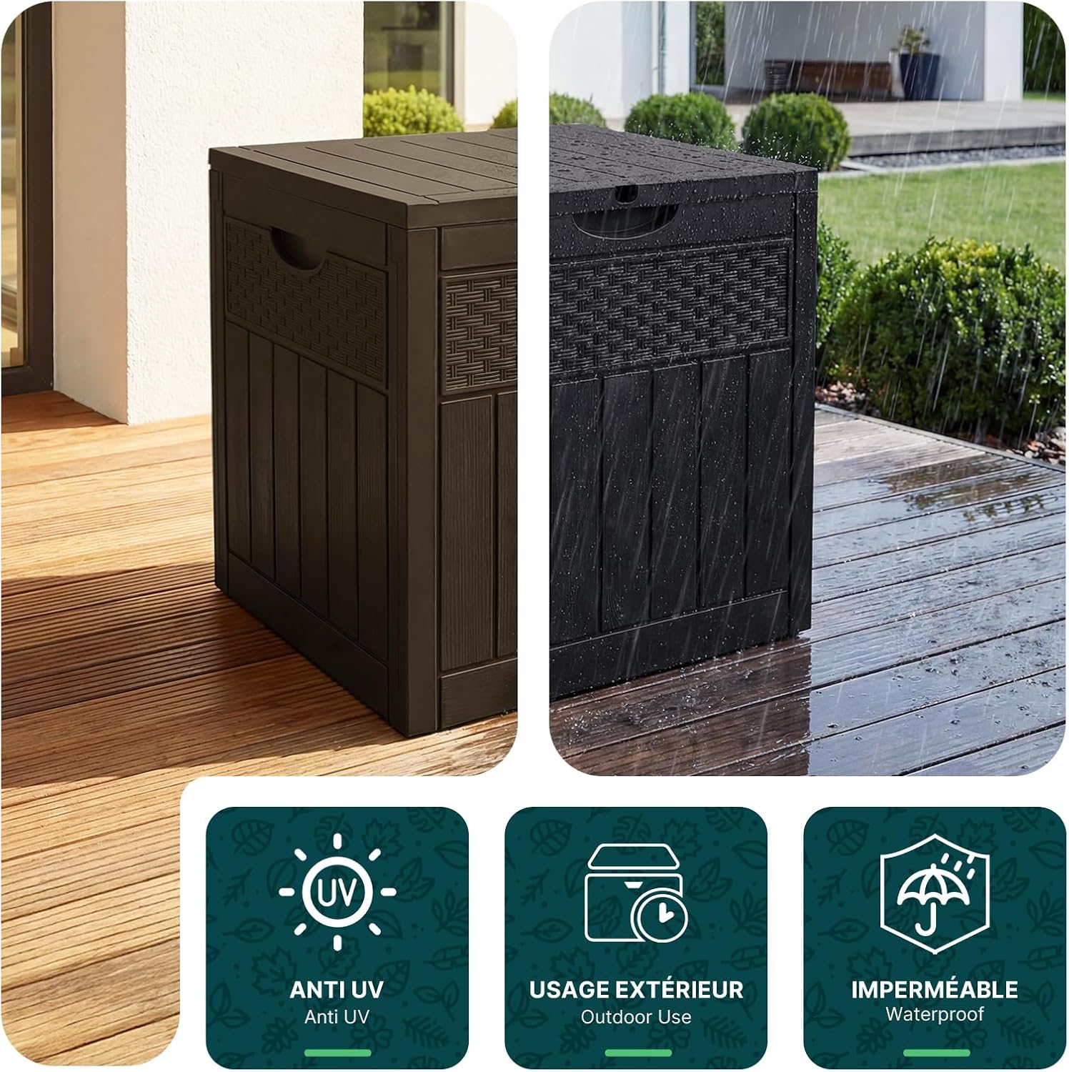  Vounot® Coffre De Rangement Extérieur 126L Boîte De Jardin Étanche Anti UV Couvercle Verrouillable Avec Poignées Encastrées 56 X 43 X 53 Cm Pour Jardin Terrasse Balcon Piscine Effet Polyrotin Marron