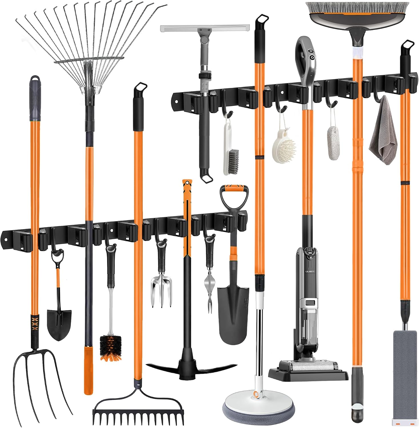  Accroche Balai Mural, Porte Balais Mural En Acier Inoxydable - 5 Supports + 4 Crochets, Support Balais Mural Sans Percer Noir, Utilisable En Cuisine, Salle De Bain, Jardin, Garage (1 Pièces)