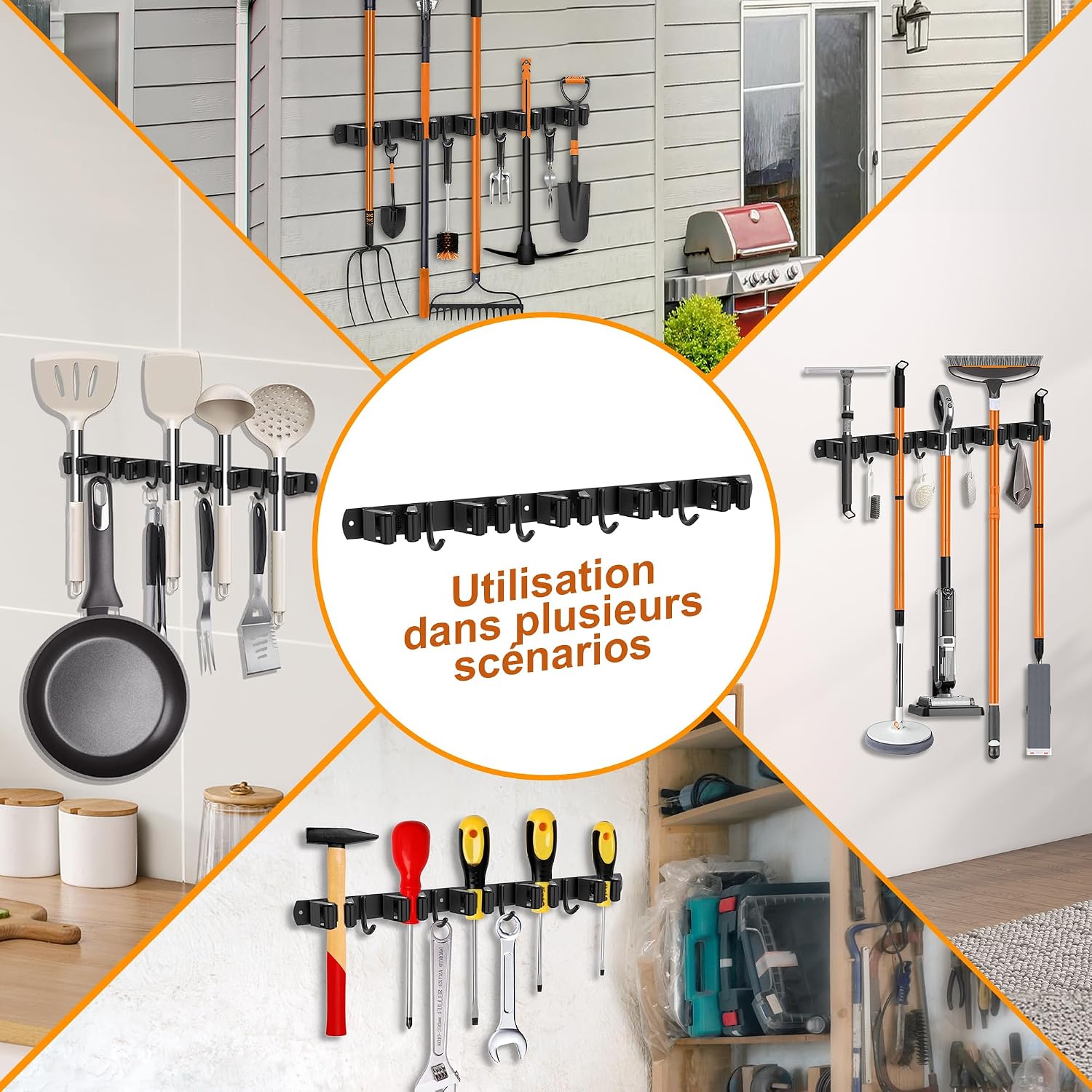  Accroche Balai Mural, Porte Balais Mural En Acier Inoxydable - 5 Supports + 4 Crochets, Support Balais Mural Sans Percer Noir, Utilisable En Cuisine, Salle De Bain, Jardin, Garage (1 Pièces)