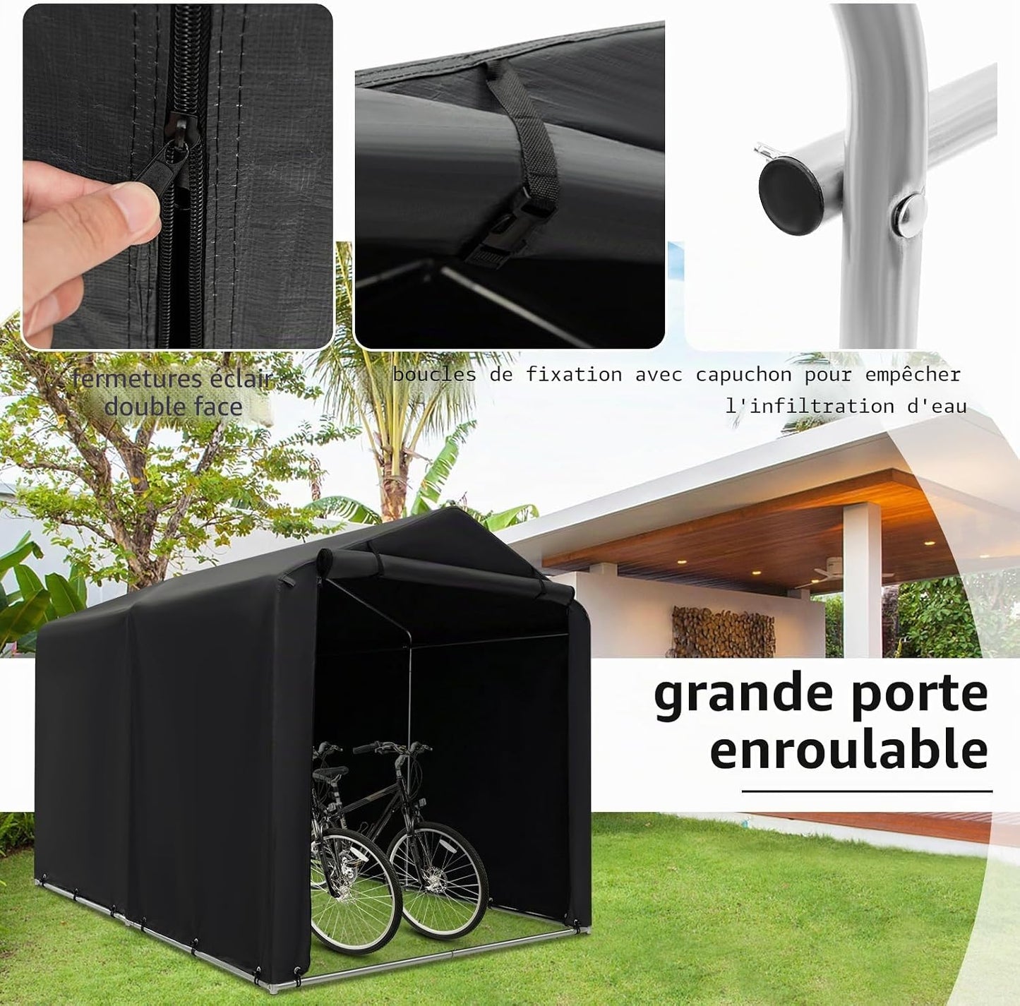  FANTASK Abri De Garage étanche Avec Porte Zippée Enroulable Et Cadre En Métal (Gris Foncé)