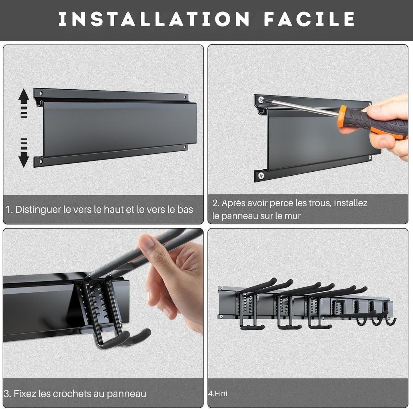  3-H Porte Outils Mural Jardin 120cm, Range Outils De Jardin En Acier Carbone Avec 3 Rails & 10 Crochets De Garage Réglables & 4 Crochets S & 4 Sangles | Support Mural Modulable Pour Ski Balai Râteau